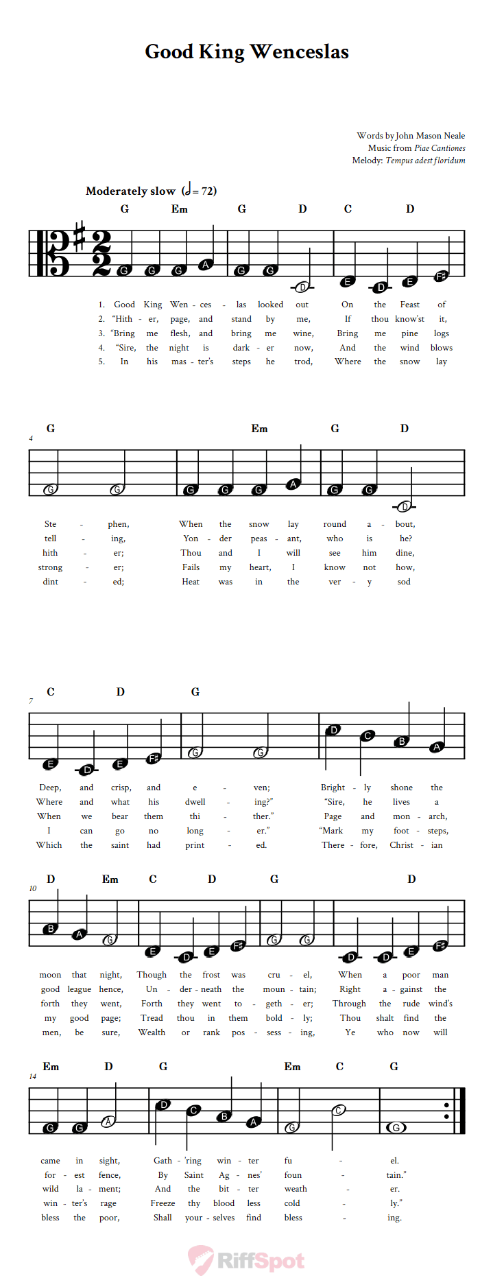 Good King Wenceslas Beginner Alto Clef Sheet Music With Letters for Note Names