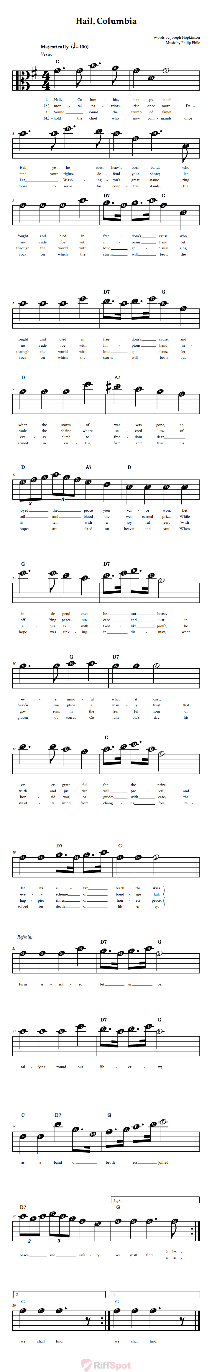 Hail, Columbia Beginner Alto Clef Sheet Music With Letters for Note Names