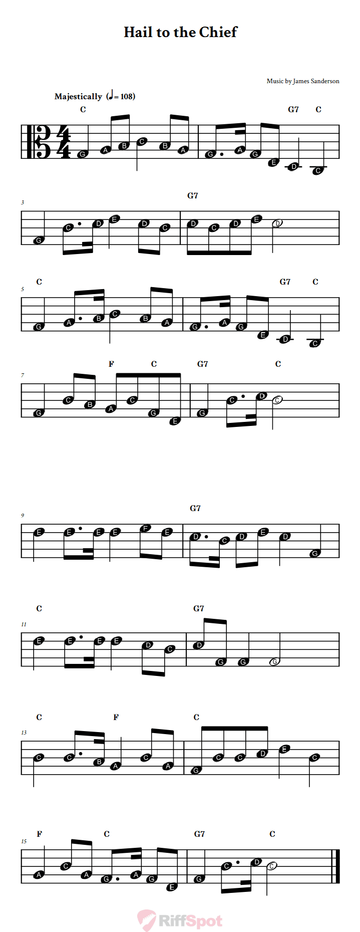 Hail to the Chief Beginner Alto Clef Sheet Music With Letters for Note Names