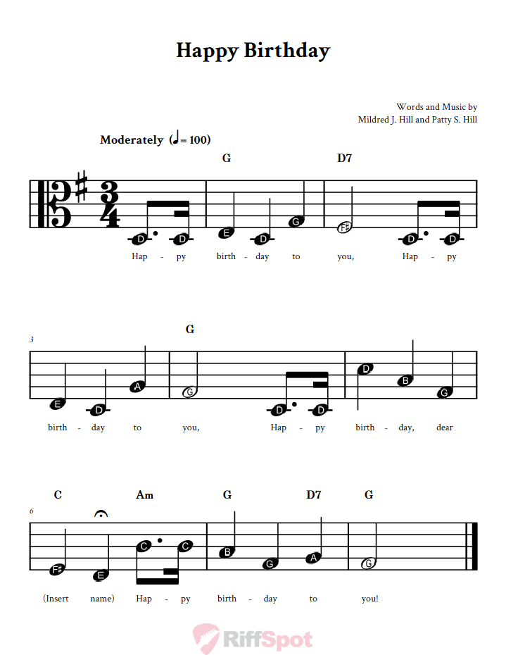 Happy Birthday Beginner Alto Clef Sheet Music With Letters for Note Names