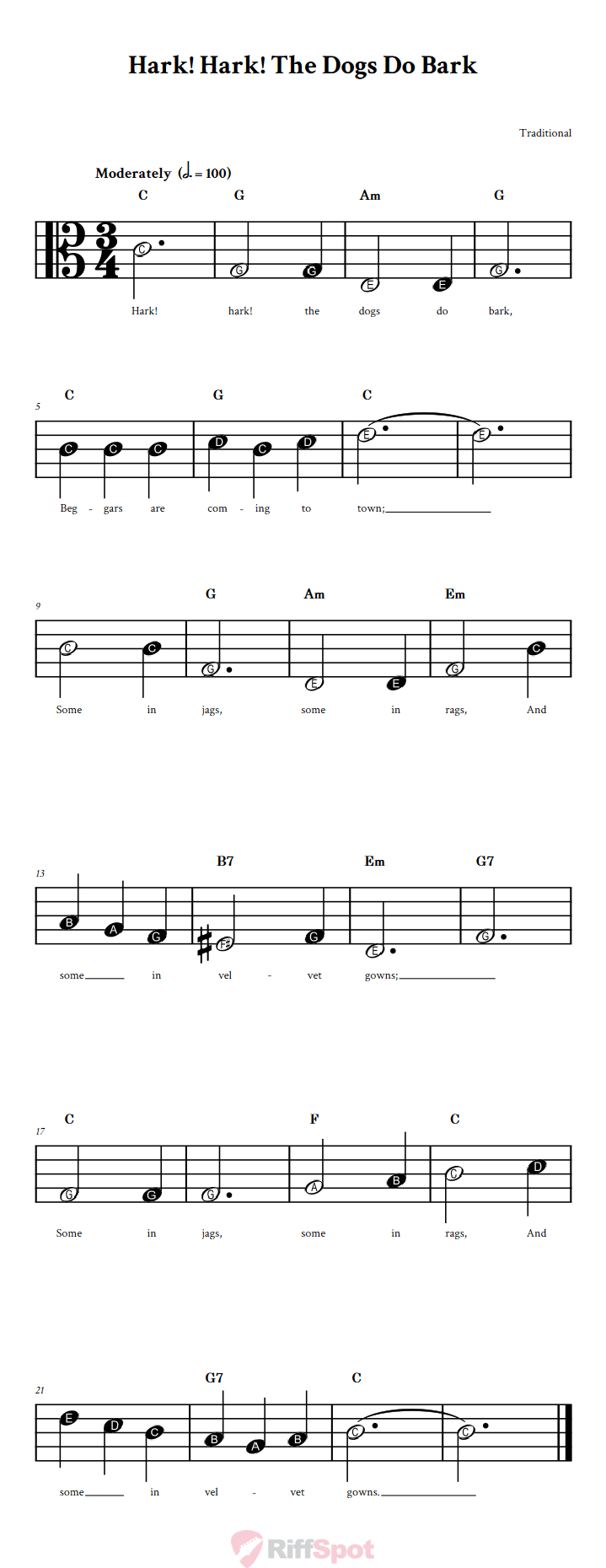 Hark, Hark! the Dogs Do Bark Beginner Alto Clef Sheet Music With Letters for Note Names