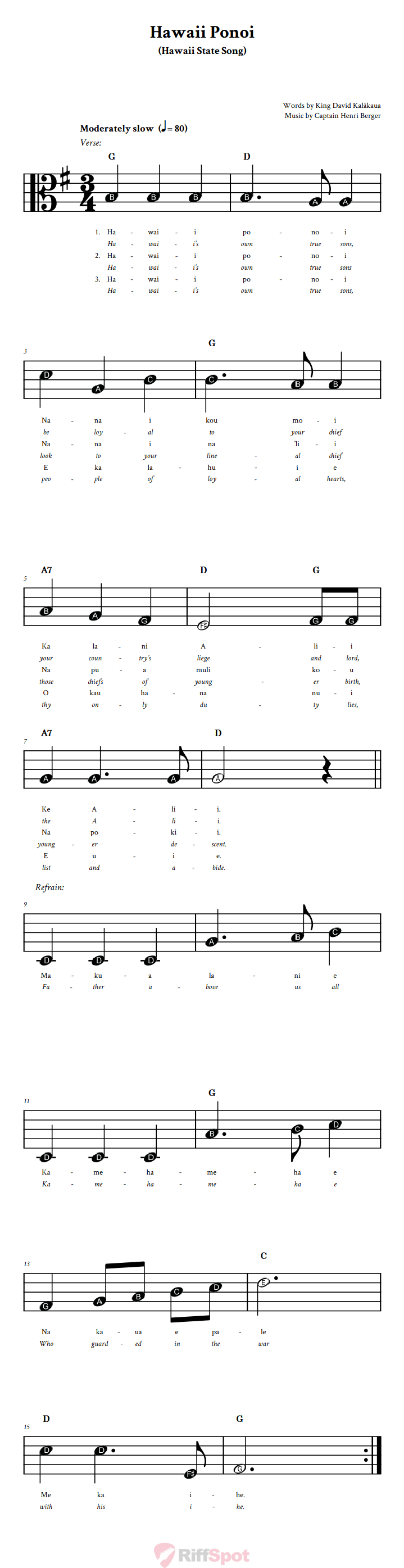 Hawaii Ponoi Beginner Alto Clef Sheet Music With Letters for Note Names