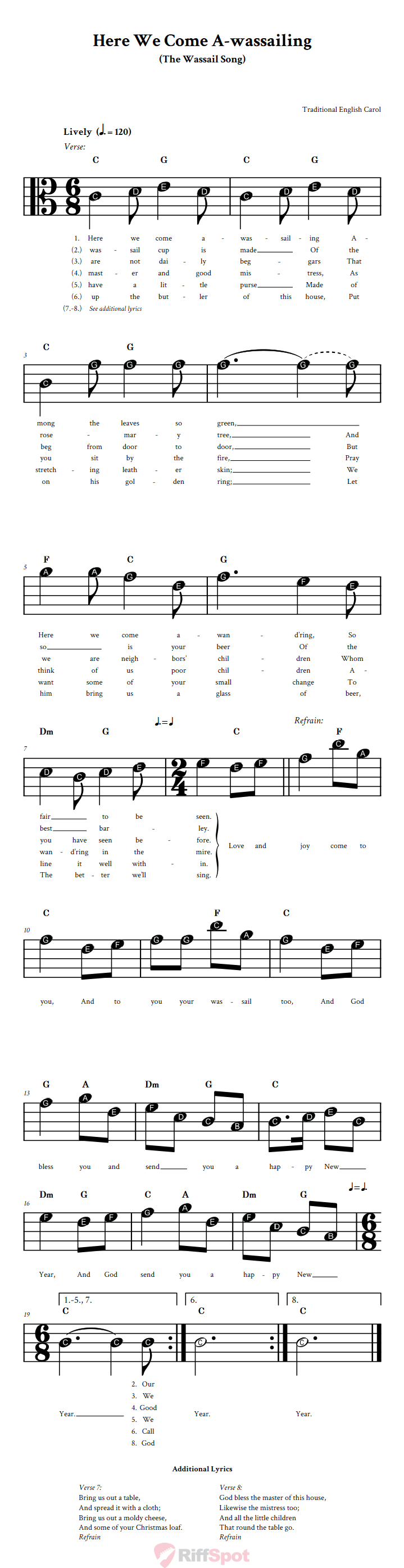 Here We Come A-wassailing Beginner Alto Clef Sheet Music With Letters for Note Names