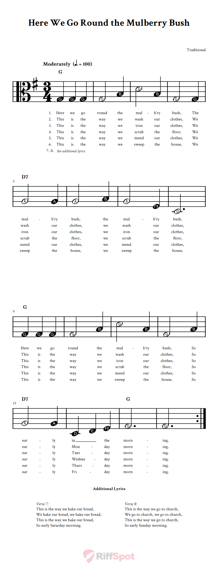 Here We Go Round the Mulberry Bush Beginner Alto Clef Sheet Music With Letters for Note Names