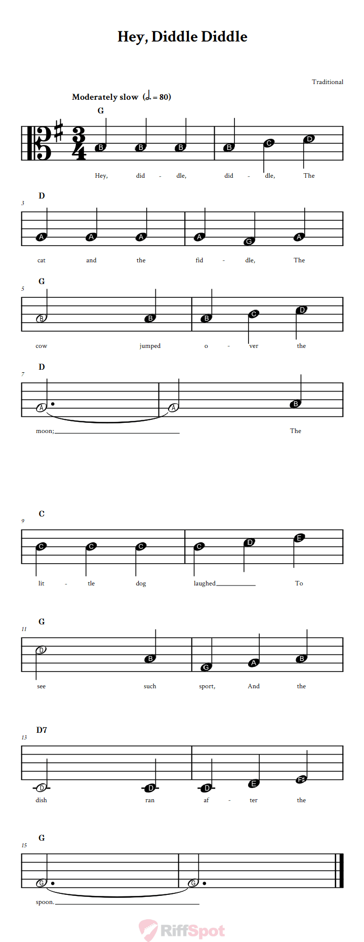 Hey Diddle Diddle Beginner Alto Clef Sheet Music With Letters for Note Names