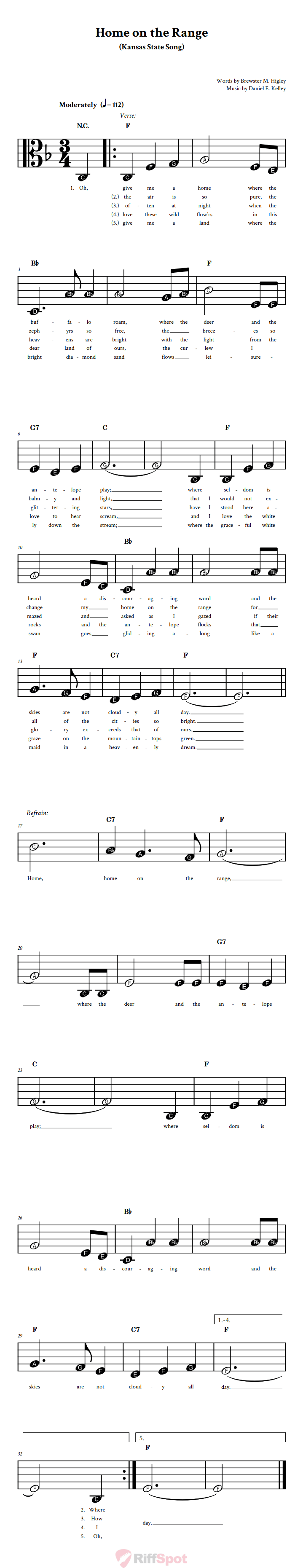 Home on the Range Beginner Alto Clef Sheet Music With Letters for Note Names