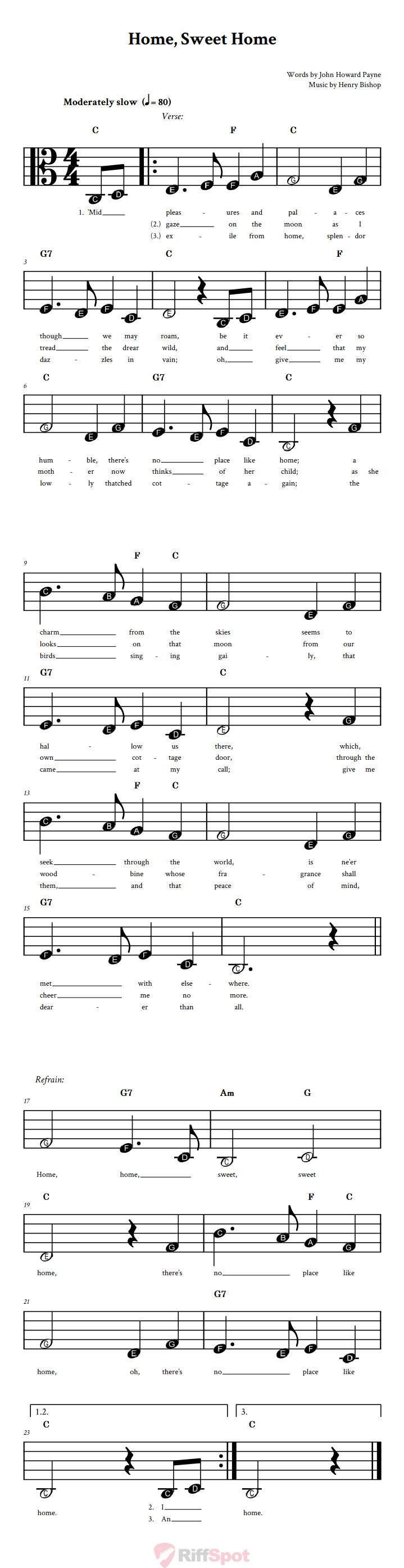 Home, Sweet Home Beginner Alto Clef Sheet Music With Letters for Note Names