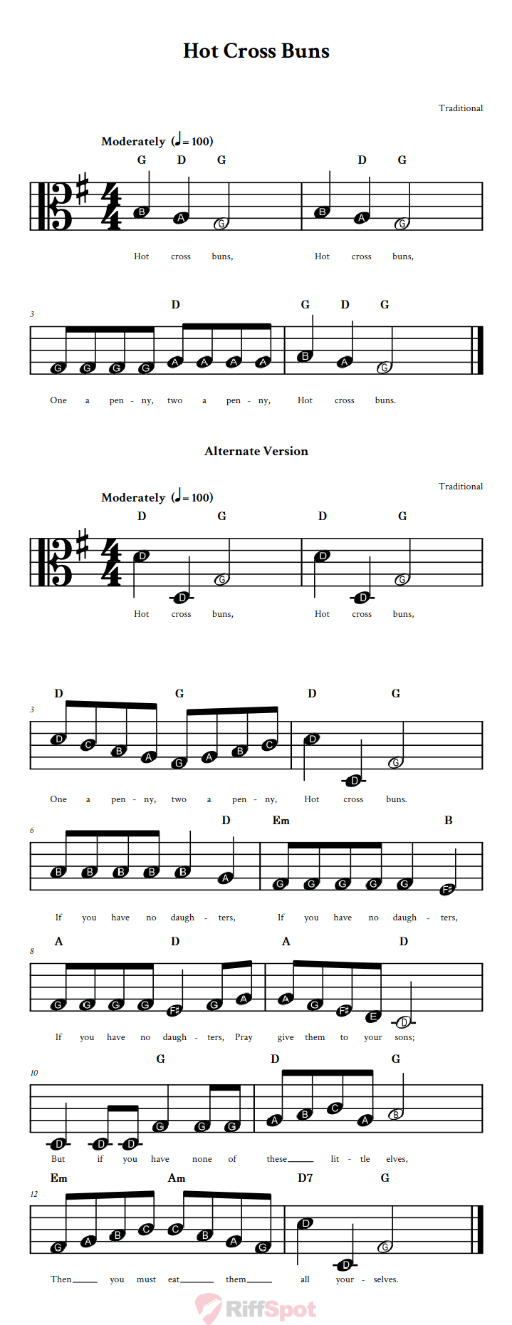 Hot Cross Buns Beginner Alto Clef Sheet Music With Letters for Note Names