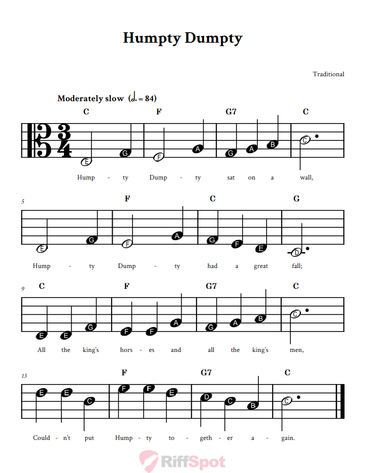 Humpty Dumpty Beginner Alto Clef Sheet Music With Letters for Note Names