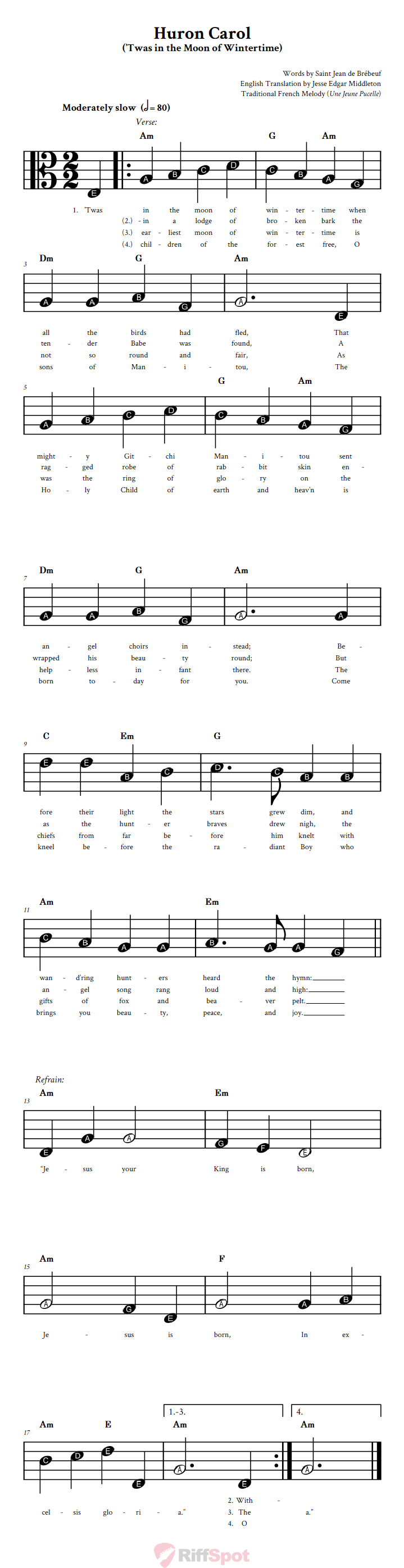 Huron Carol Beginner Alto Clef Sheet Music With Letters for Note Names