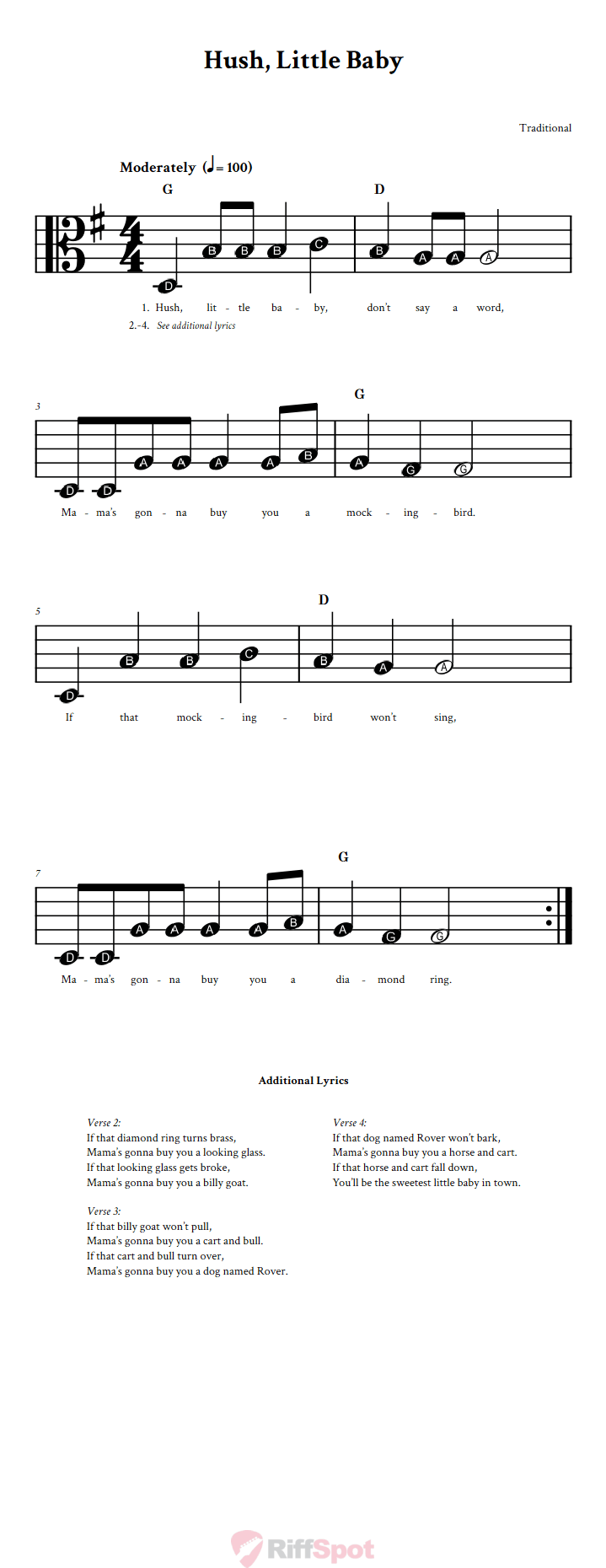 Hush, Little Baby Beginner Alto Clef Sheet Music With Letters for Note Names