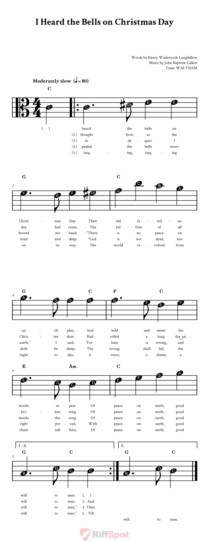 I Heard the Bells on Christmas Day Beginner Alto Clef Sheet Music With Letters for Note Names