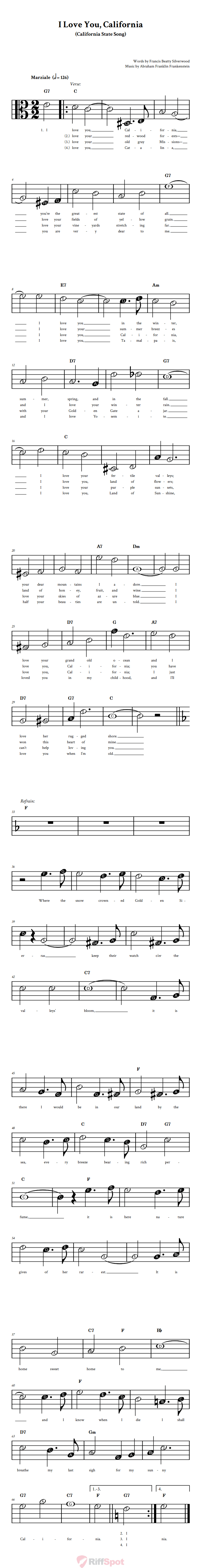 I Love You, California Beginner Alto Clef Sheet Music With Letters for Note Names