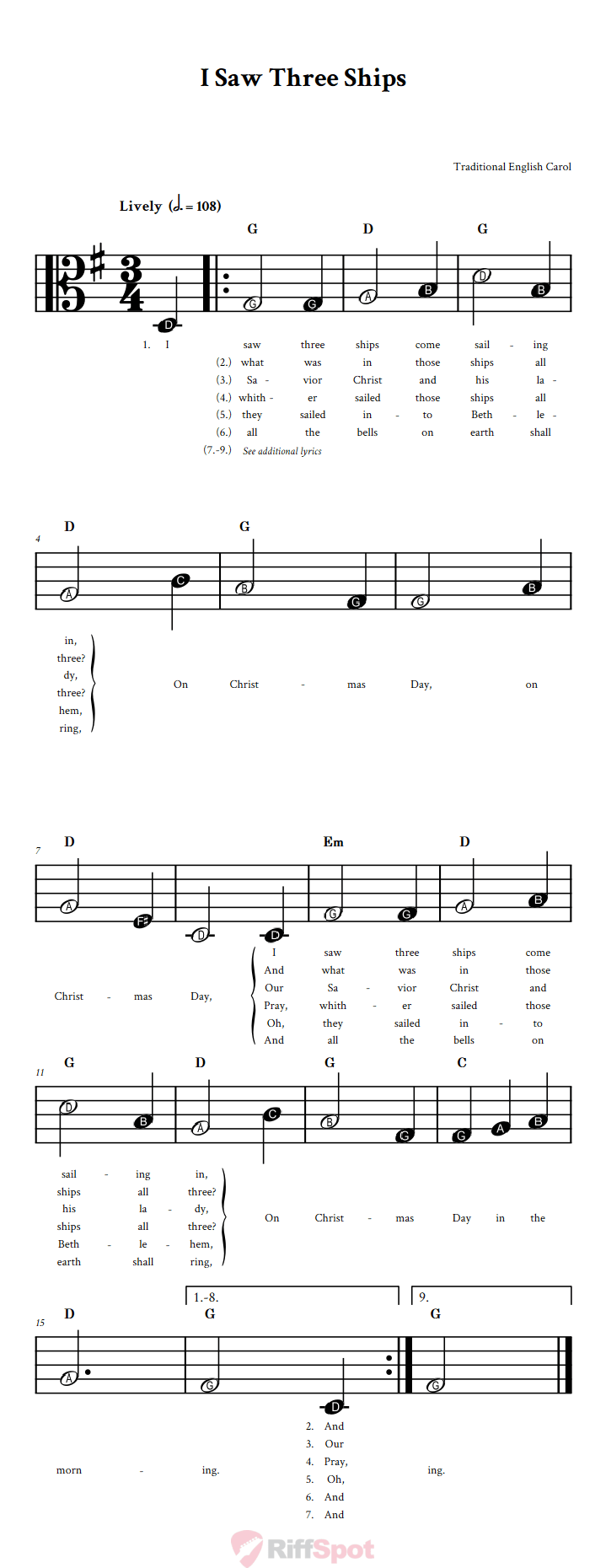 I Saw Three Ships Beginner Alto Clef Sheet Music With Letters for Note Names
