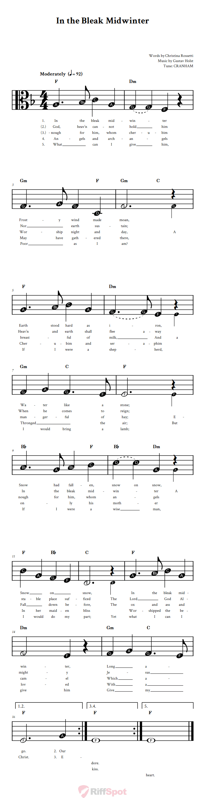 In the Bleak Midwinter Beginner Alto Clef Sheet Music With Letters for Note Names