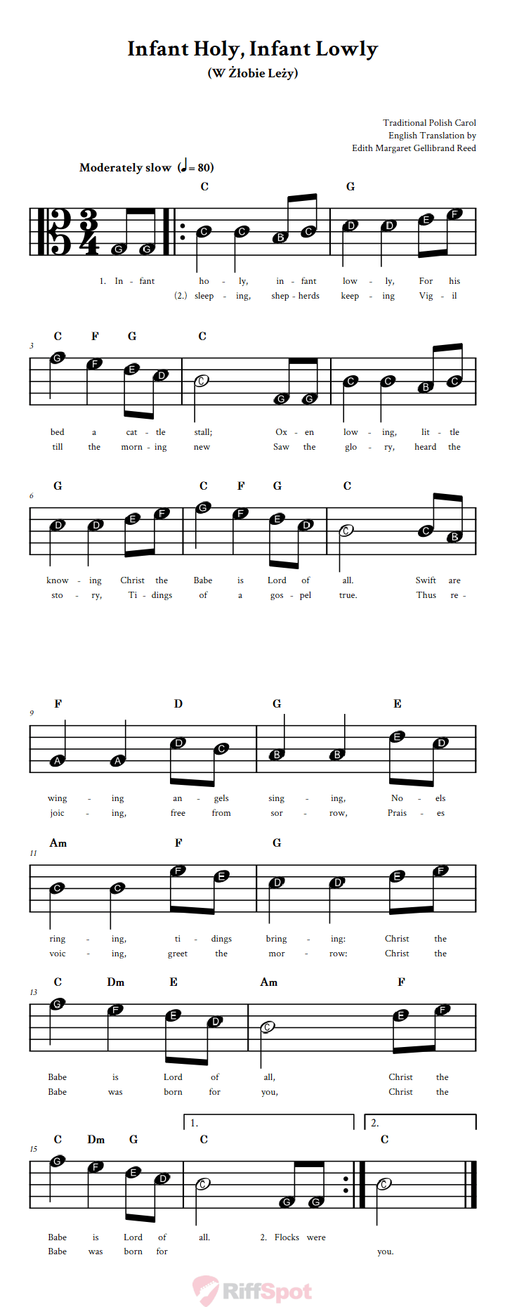 Infant Holy, Infant Lowly Beginner Alto Clef Sheet Music With Letters for Note Names