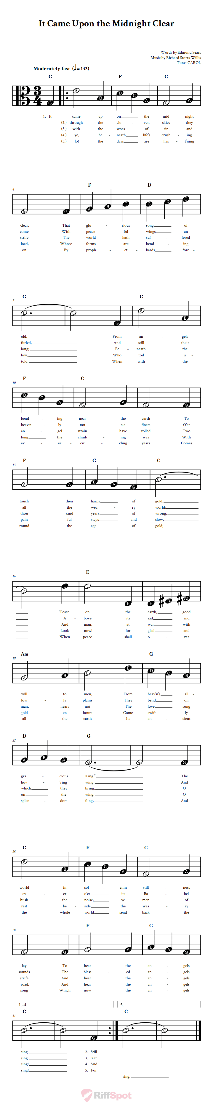 It Came Upon the Midnight Clear Beginner Alto Clef Sheet Music With Letters for Note Names