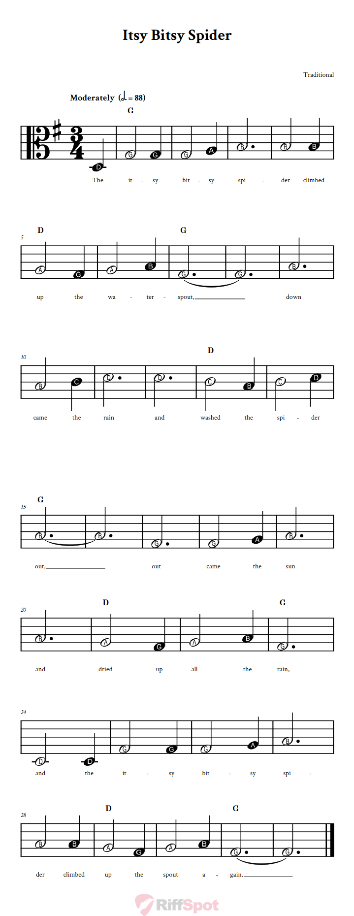 Itsy Bitsy Spider Beginner Alto Clef Sheet Music With Letters for Note Names