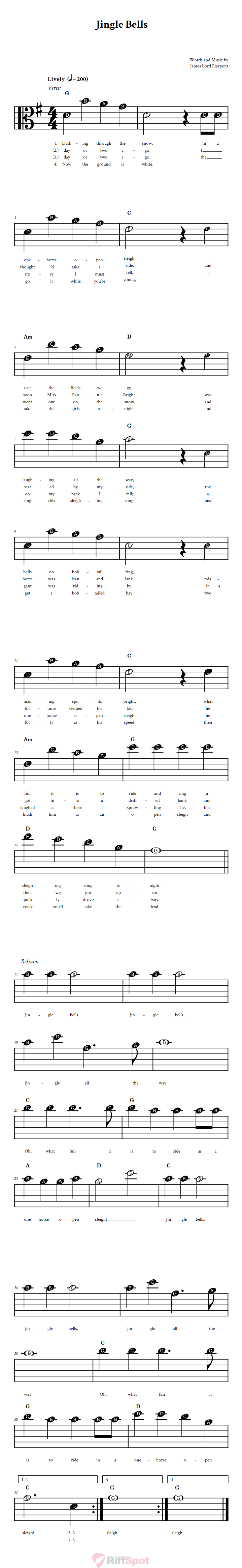Jingle Bells Beginner Alto Clef Sheet Music With Letters for Note Names