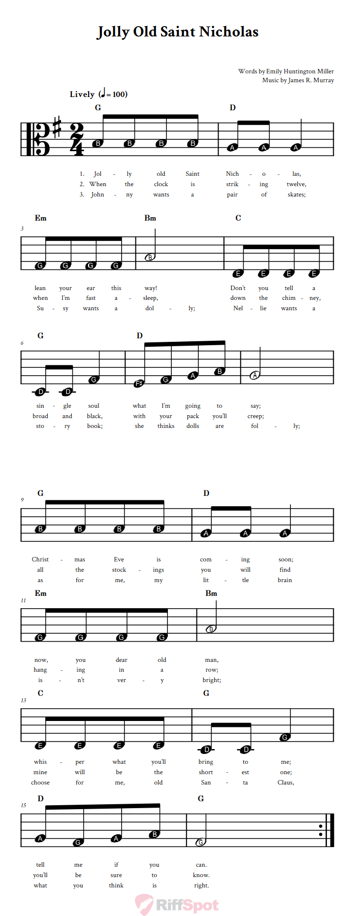 Jolly Old Saint Nicholas Beginner Alto Clef Sheet Music With Letters for Note Names