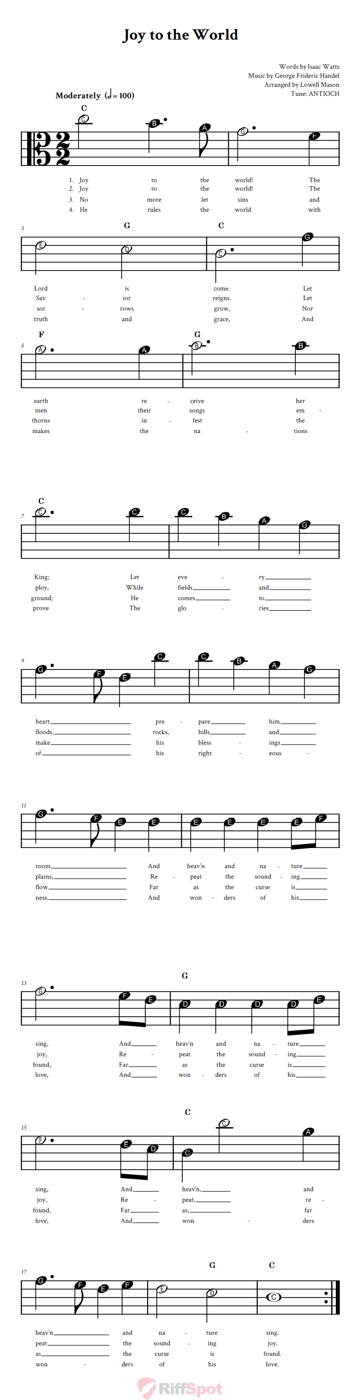 Joy to the World Beginner Alto Clef Sheet Music With Letters for Note Names