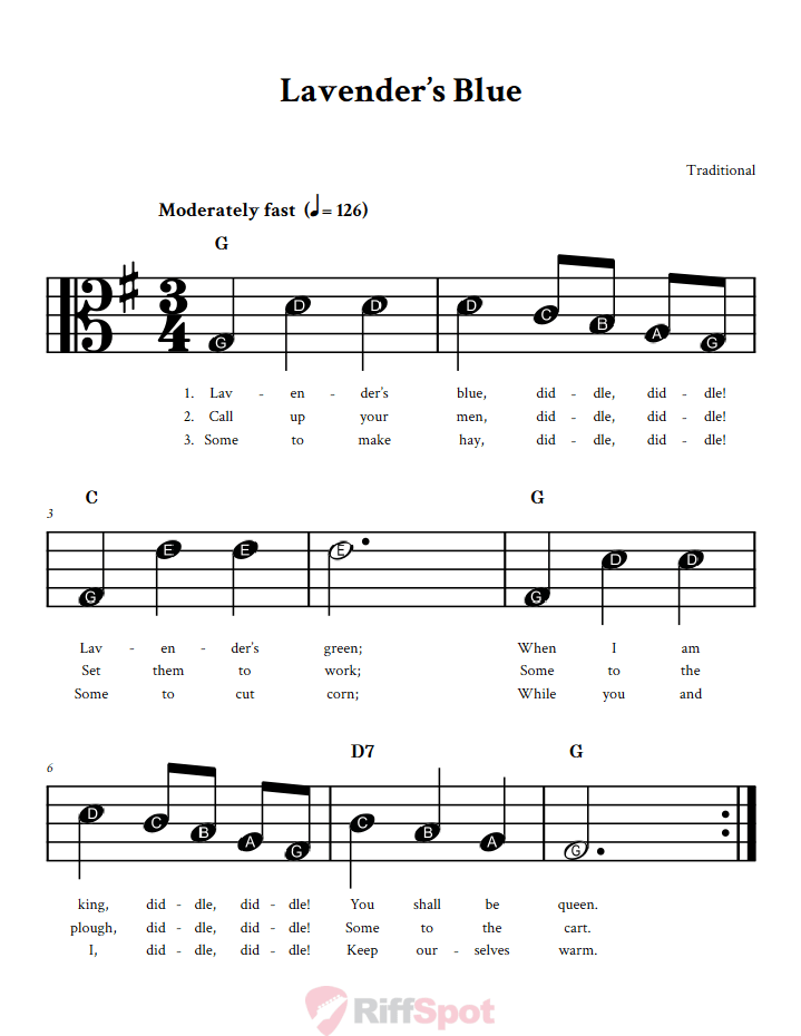 Lavender's Blue Beginner Alto Clef Sheet Music With Letters for Note Names