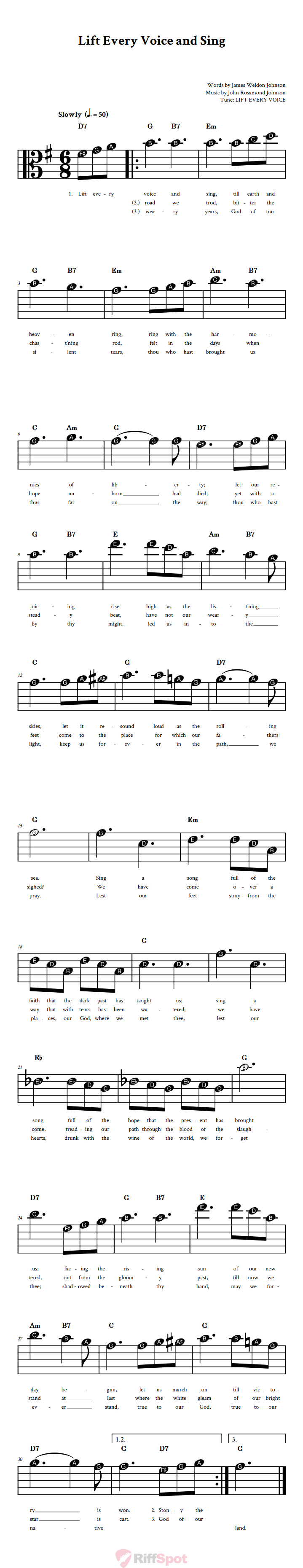 Lift Every Voice and Sing Beginner Alto Clef Sheet Music With Letters for Note Names