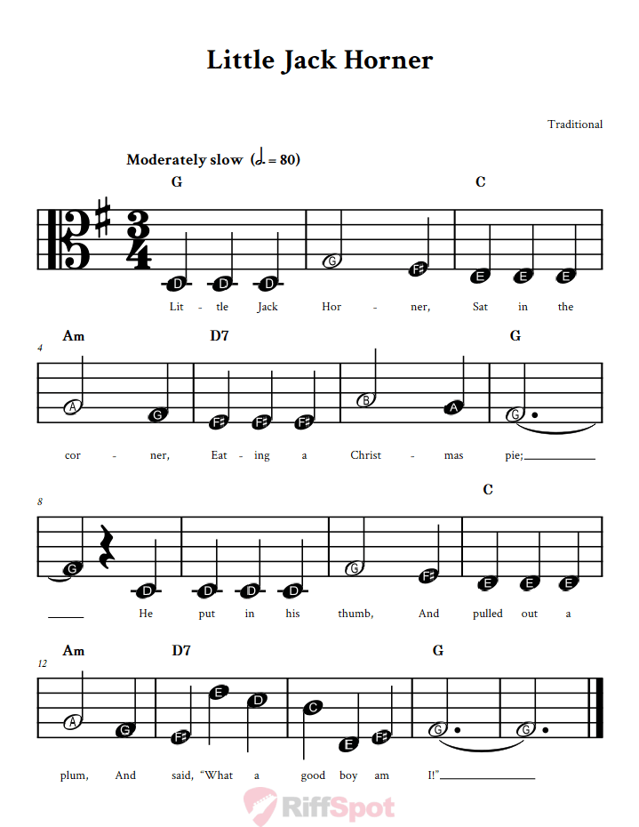 Little Jack Horner Beginner Alto Clef Sheet Music With Letters for Note Names