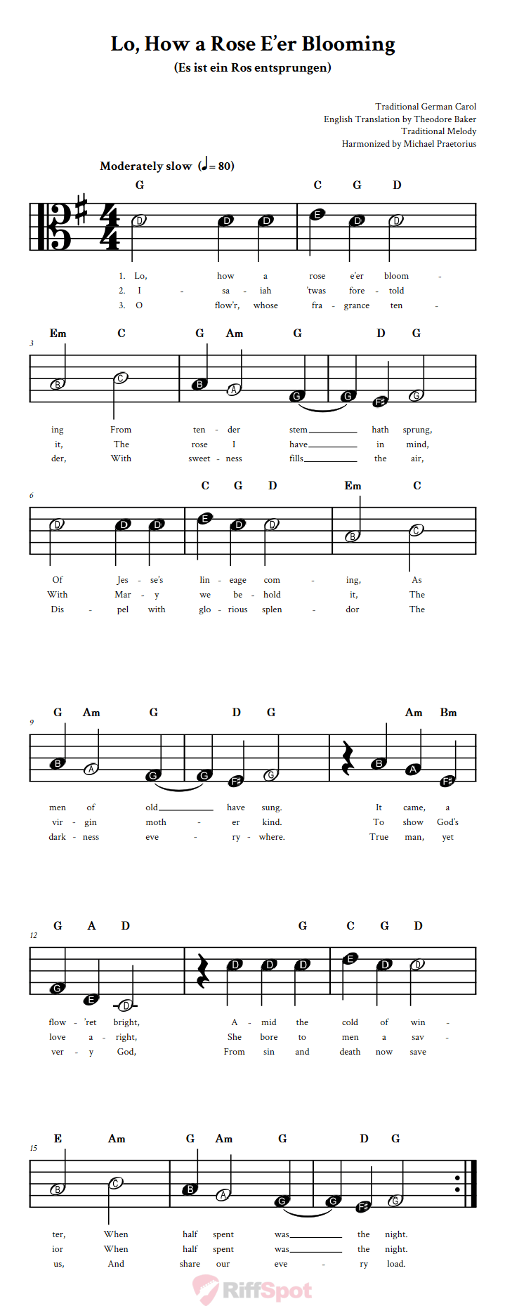 Lo, How a Rose E'er Blooming Beginner Alto Clef Sheet Music With Letters for Note Names