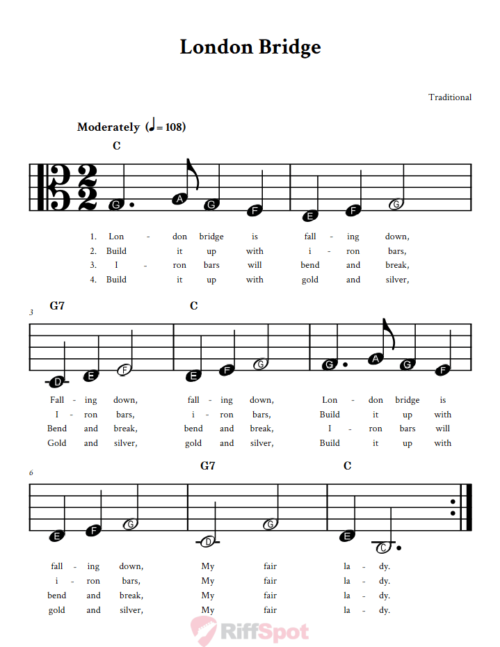 London Bridge Beginner Alto Clef Sheet Music With Letters for Note Names