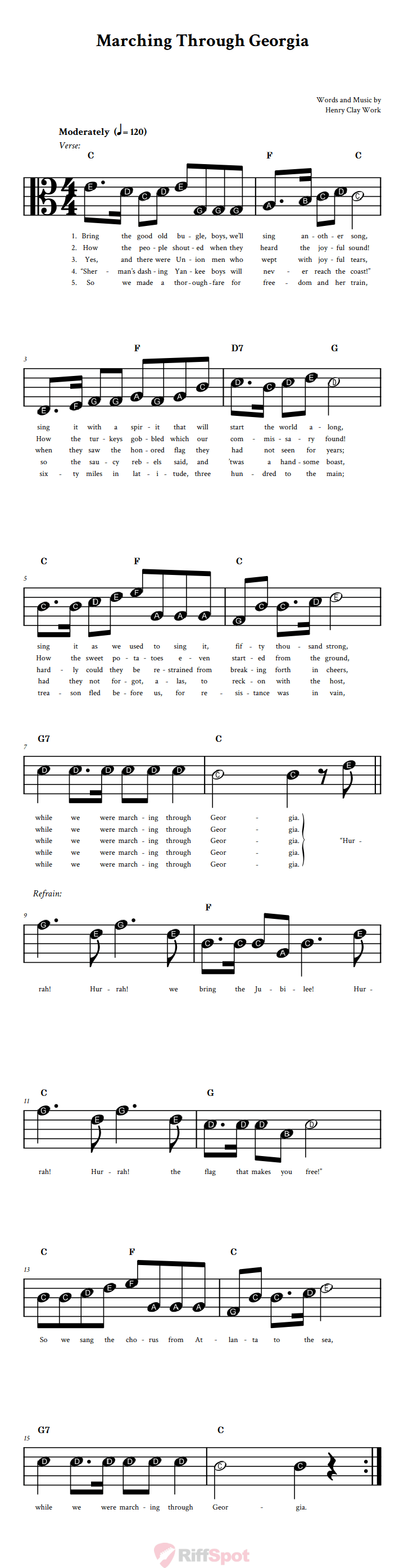 Marching Through Georgia Beginner Alto Clef Sheet Music With Letters for Note Names