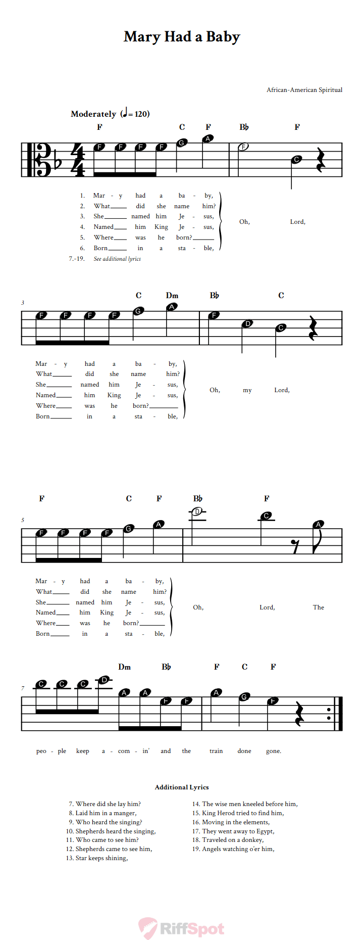 Mary Had a Baby Beginner Alto Clef Sheet Music With Letters for Note Names