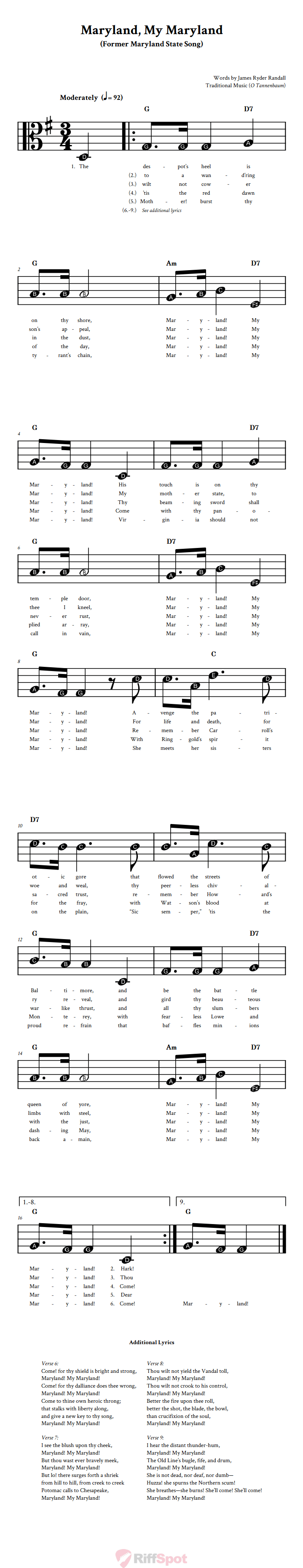 Maryland, My Maryland Beginner Alto Clef Sheet Music With Letters for Note Names