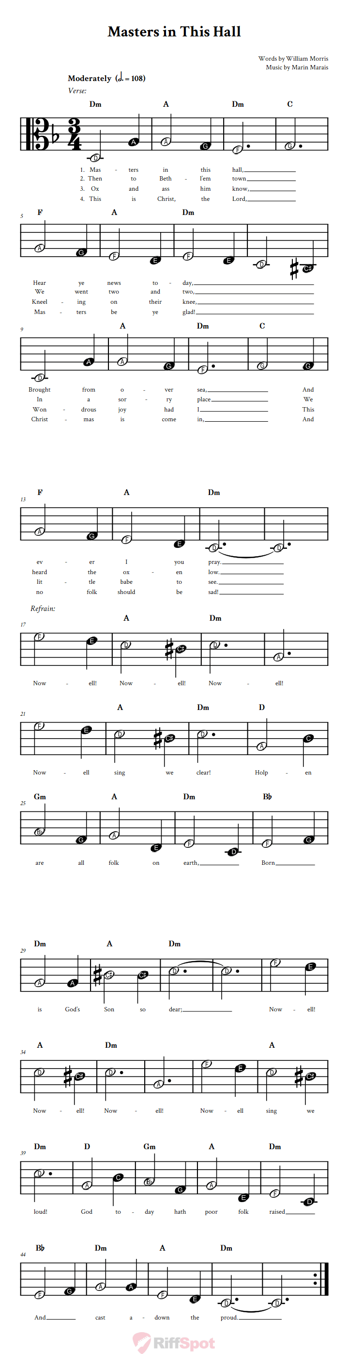 Masters in This Hall Beginner Alto Clef Sheet Music With Letters for Note Names
