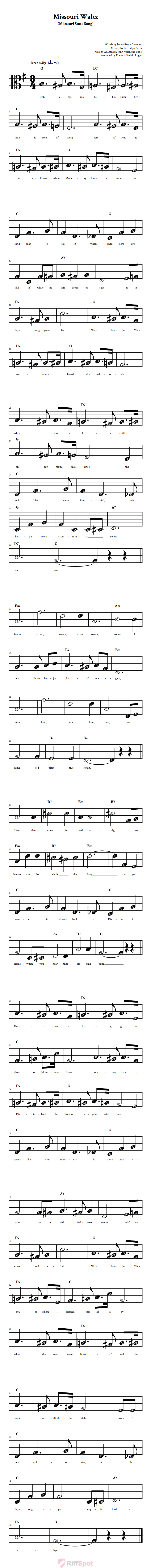 Missouri Waltz Beginner Alto Clef Sheet Music With Letters for Note Names