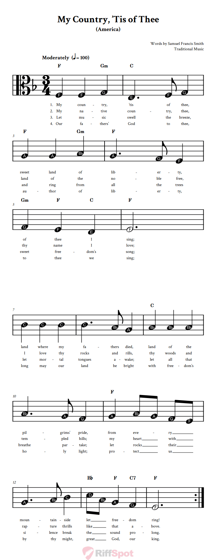 My Country, 'Tis of Thee Beginner Alto Clef Sheet Music With Letters for Note Names