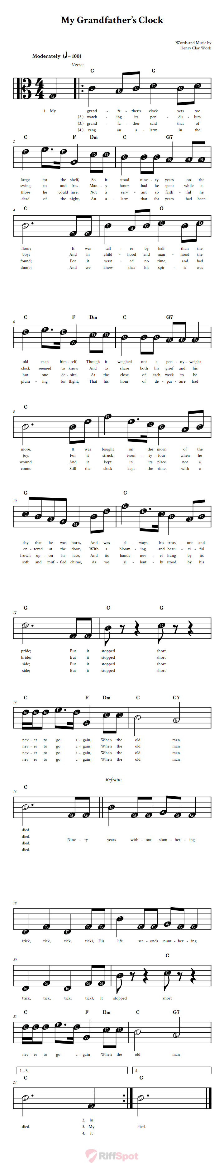 My Grandfather's Clock Beginner Alto Clef Sheet Music With Letters for Note Names