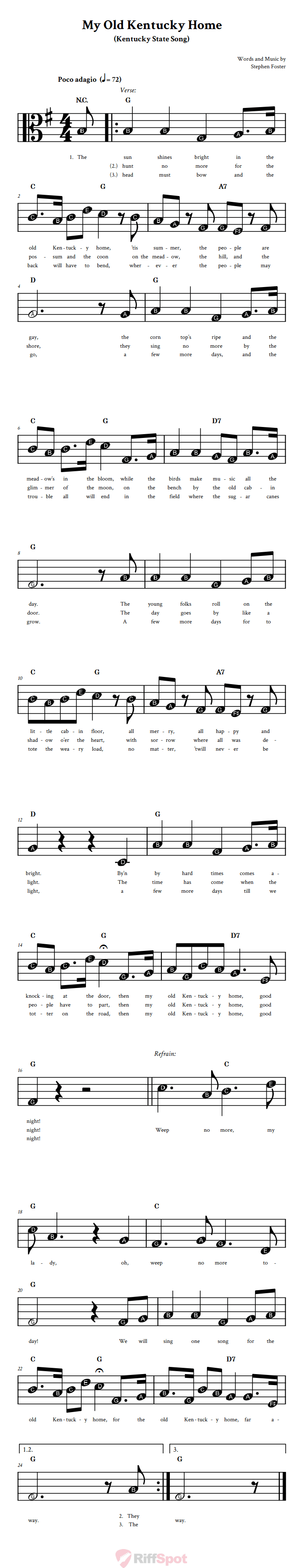 My Old Kentucky Home Beginner Alto Clef Sheet Music With Letters for Note Names