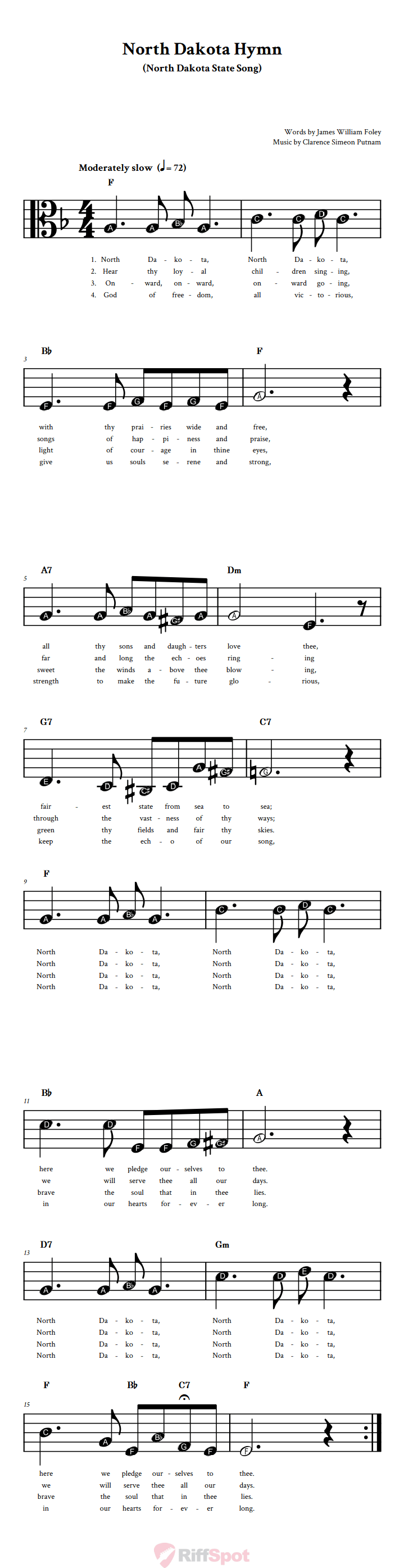 North Dakota Hymn Beginner Alto Clef Sheet Music With Letters for Note Names