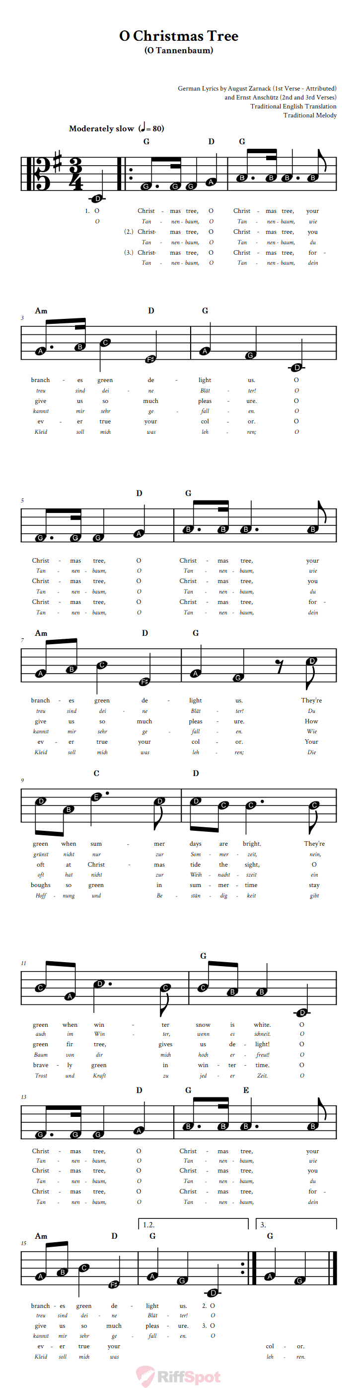O Christmas Tree Beginner Alto Clef Sheet Music With Letters for Note Names