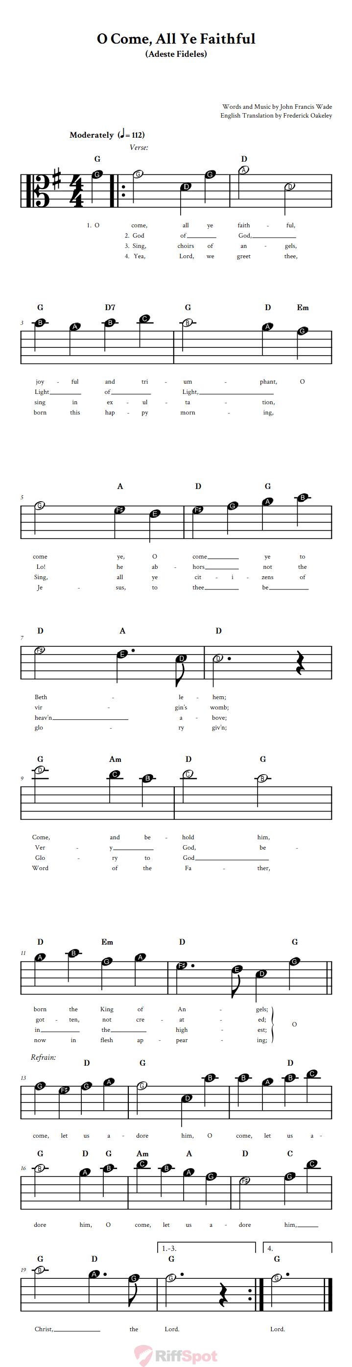 O Come, All Ye Faithful Beginner Alto Clef Sheet Music With Letters for Note Names