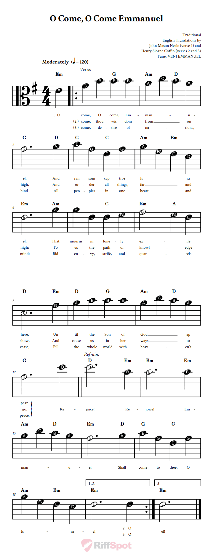 O Come, O Come Emmanuel Beginner Alto Clef Sheet Music With Letters for Note Names
