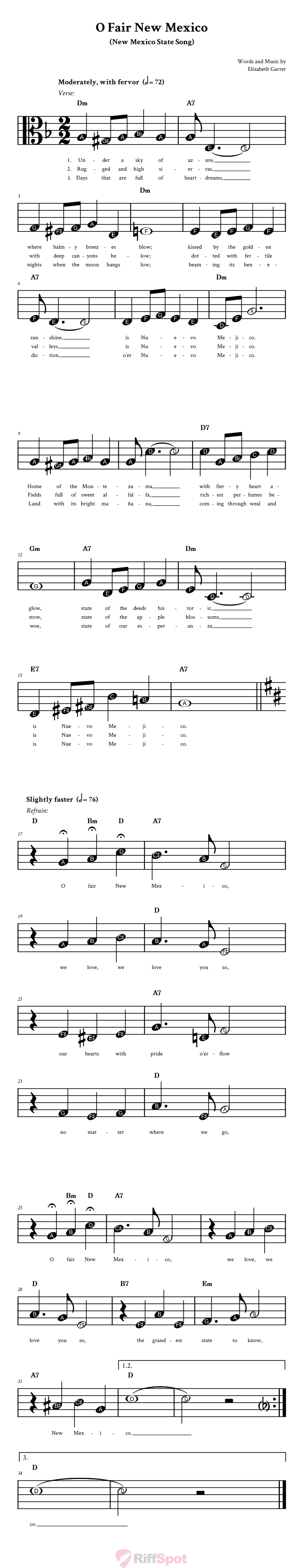 O Fair New Mexico Beginner Alto Clef Sheet Music With Letters for Note Names