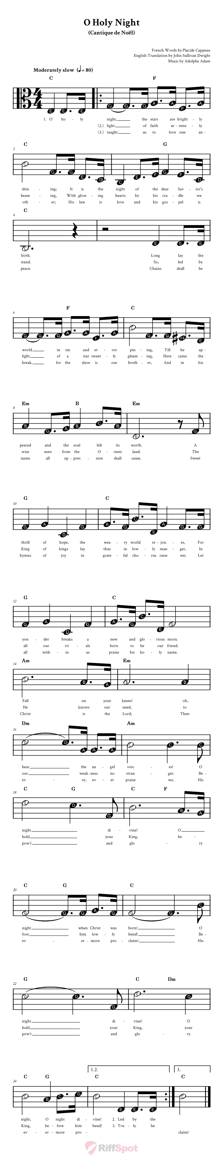 O Holy Night Beginner Alto Clef Sheet Music With Letters for Note Names