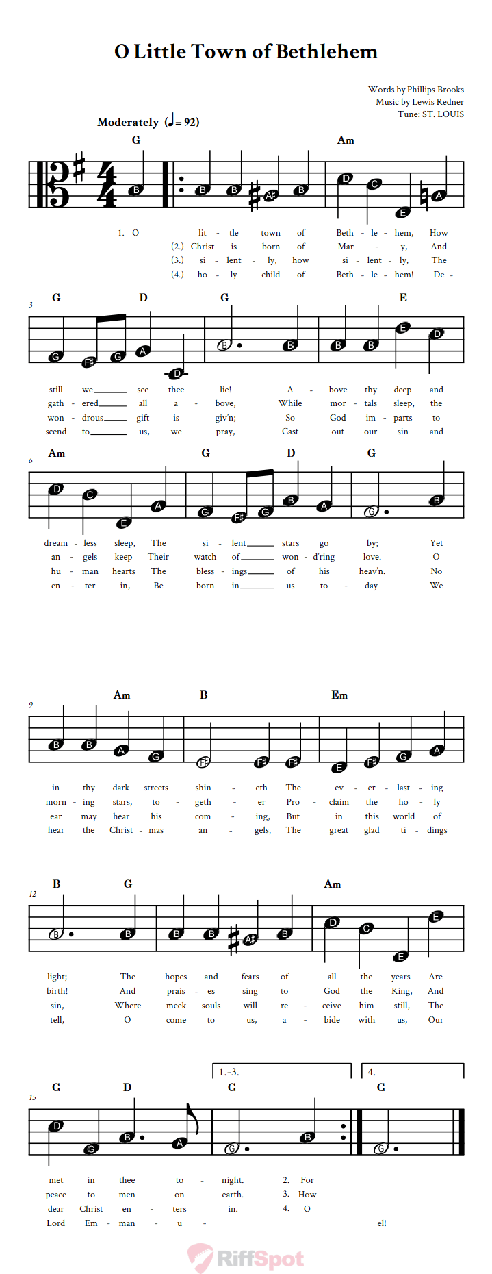 O Little Town of Bethlehem Beginner Alto Clef Sheet Music With Letters for Note Names