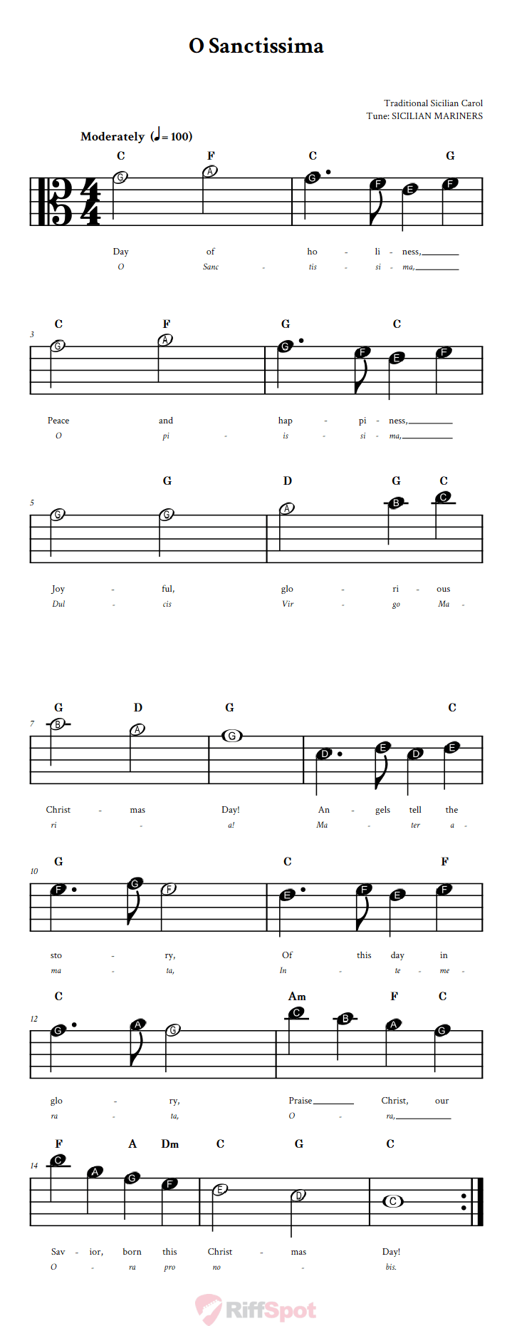 O Sanctissima Beginner Alto Clef Sheet Music With Letters for Note Names