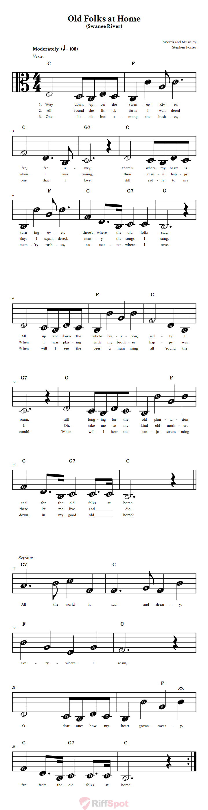 Old Folks at Home Beginner Alto Clef Sheet Music With Letters for Note Names
