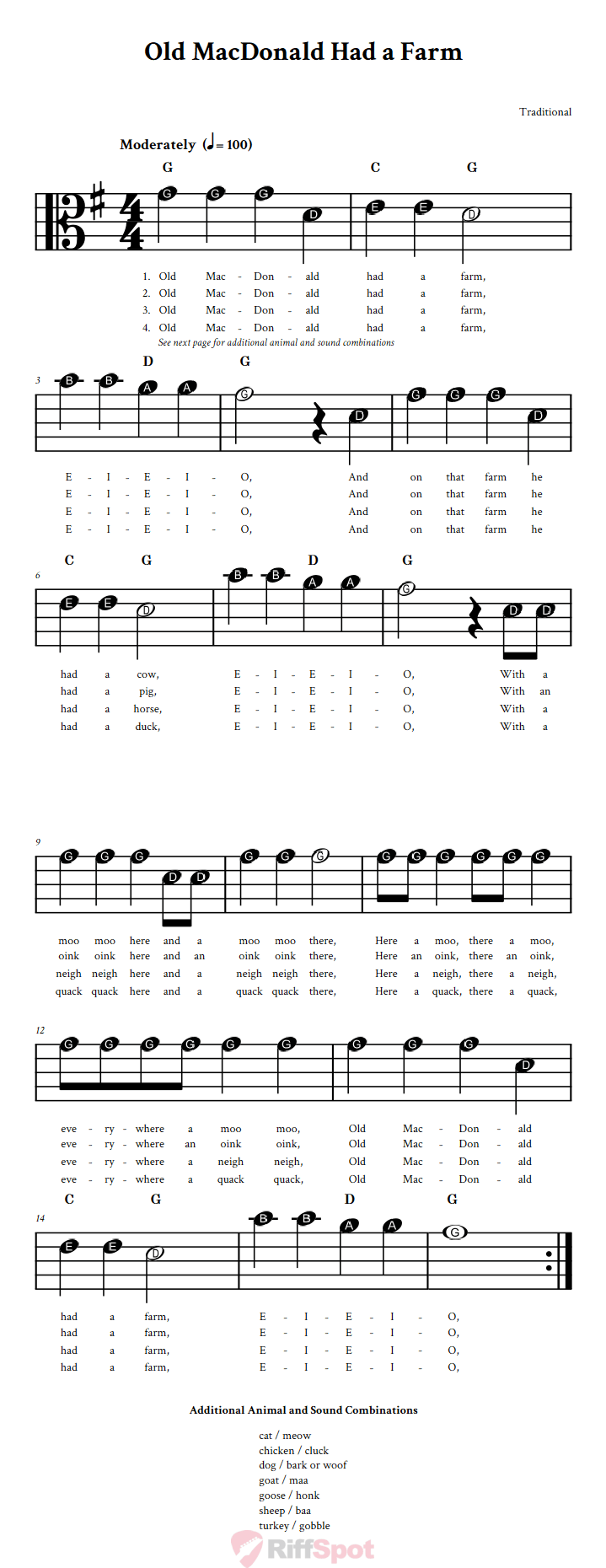 Old MacDonald Had a Farm Beginner Alto Clef Sheet Music With Letters for Note Names