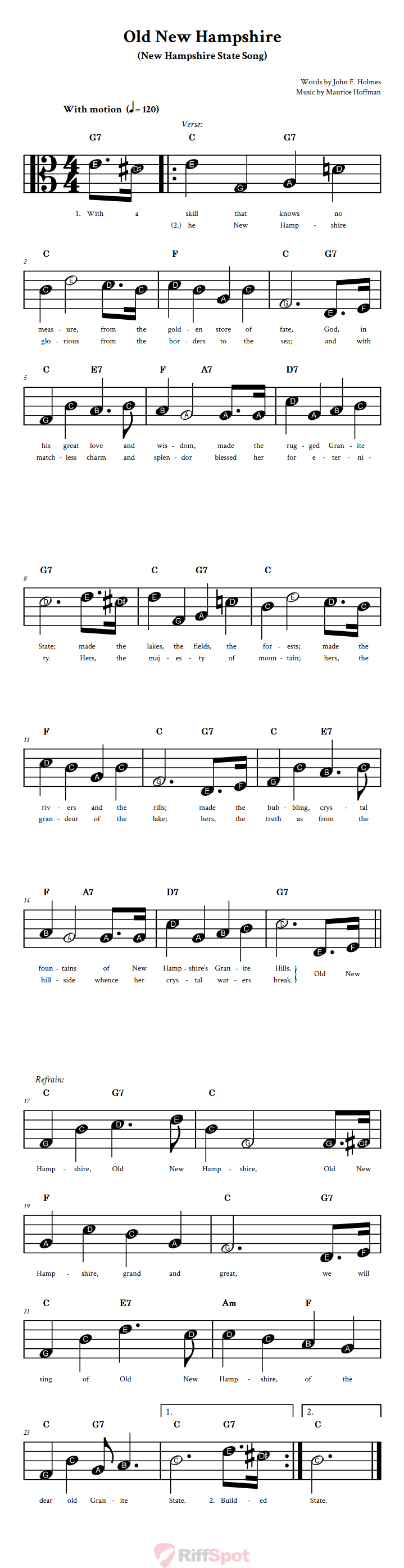 Old New Hampshire Beginner Alto Clef Sheet Music With Letters for Note Names