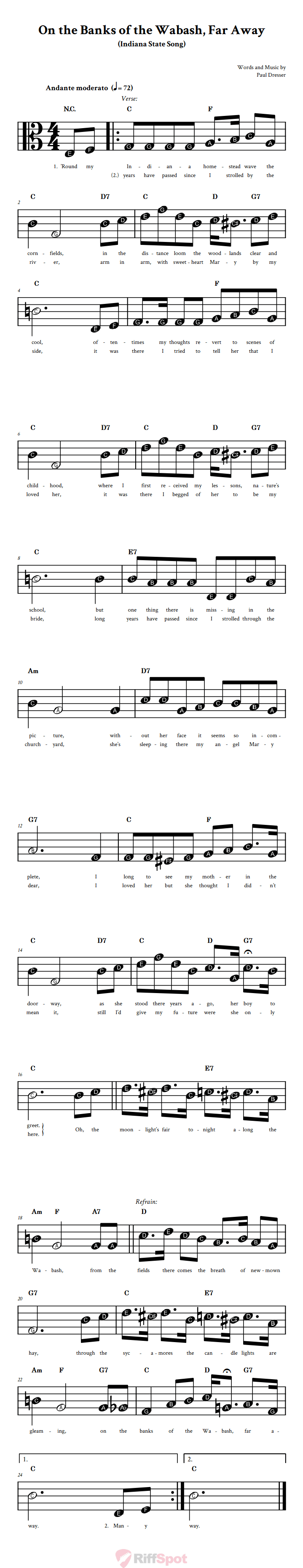 On the Banks of the Wabash, Far Away Beginner Alto Clef Sheet Music With Letters for Note Names
